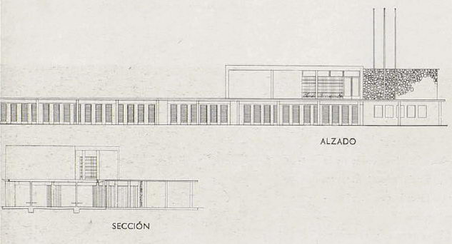 Gràfic amb dibuix ALÇAT i de SECCIÓ dels Banys CAPRI de Gavà Mar (1958) (Quaderns d'arquitectura - R.Tort Estrada)
